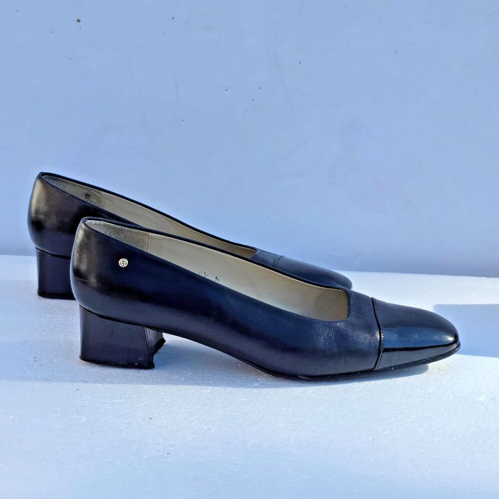 Etienne Aigner Siena Black Leather Low Block Heel Shoes 8,5N Made in Spain